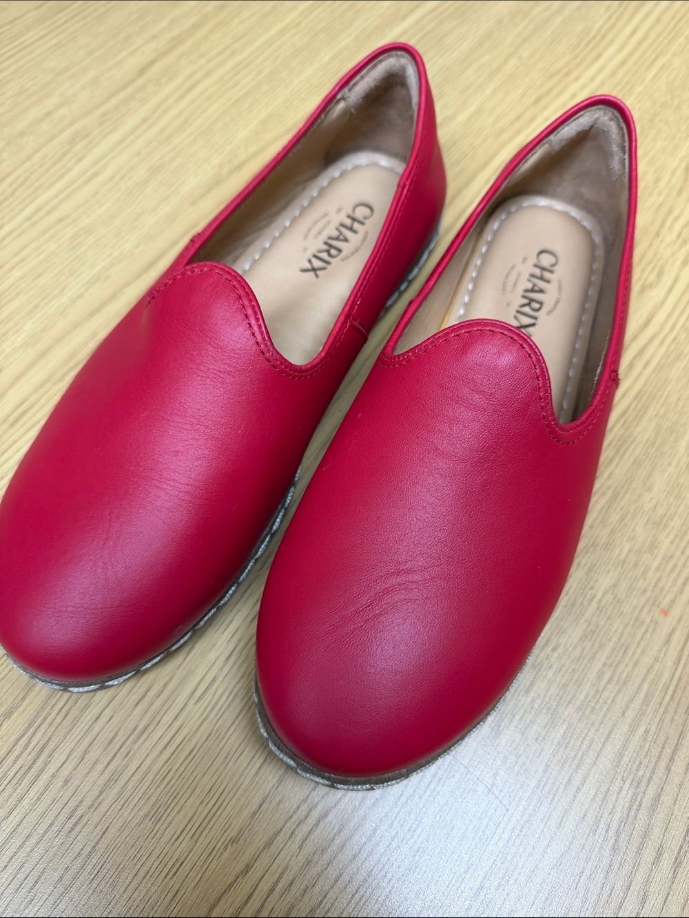 Charix Red Leather Flats Istanbul Handmade Unisex Slipper Shoes Loafers Size 39